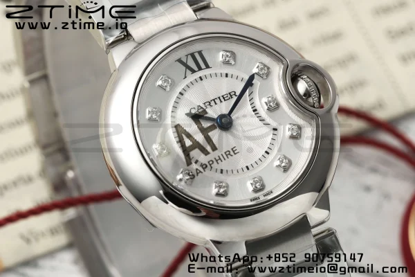 Cartier Ballon Bleu Ladies W4BB0029 28mm SS AF 1:1 Best Edition Λευκά διαμάντια Dial Bezel σε SS βραχιόλι Ronda χαλαζία - Super Clone ρολόι | 1:1 Best έκδοση