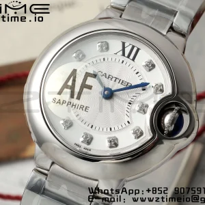 Cartier Ballon Bleu Ladies W4BB0029 28mm SS AF 1:1 Best Edition Λευκά διαμάντια Dial Bezel σε SS βραχιόλι Ronda χαλαζία - Super Clone ρολόι | 1:1 Best έκδοση