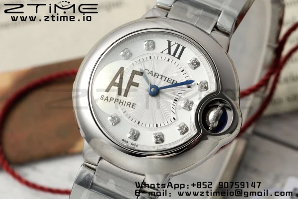 Cartier Ballon Bleu Ladies W4BB0029 28mm SS AF 1:1 Best Edition Λευκά διαμάντια Dial Bezel σε SS βραχιόλι Ronda χαλαζία - Super Clone ρολόι | 1:1 Best έκδοση