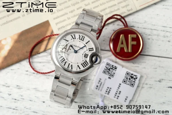 Cartier Ballon Bleu WSBB0045 33mm SS AF 1:1 Best Edition White Textured Dial on SS Bracelet Ronda Quartz - Super Clone Watch | 1:1 Best Version