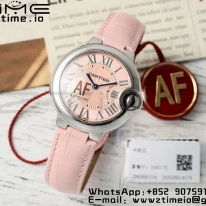 Cartier Ballon Bleu WSBB0033 33mm SS AF 1:1 Best Edition Pink Textured Dial on Pink Leather Strap Ronda Quartz - Super Clone Watch | 1:1 Best Version