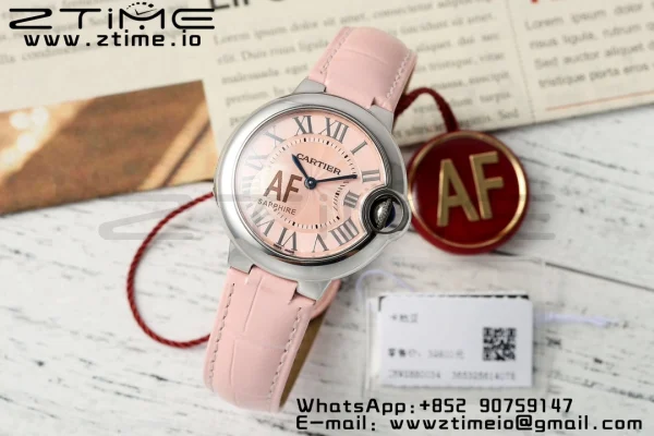 Cartier Ballon Bleu WSBB0033 33mm SS AF 1:1 Best Edition Pink Textured Dial on Pink Leather Strap Ronda Quartz - Super Clone Watch | 1:1 Best Version