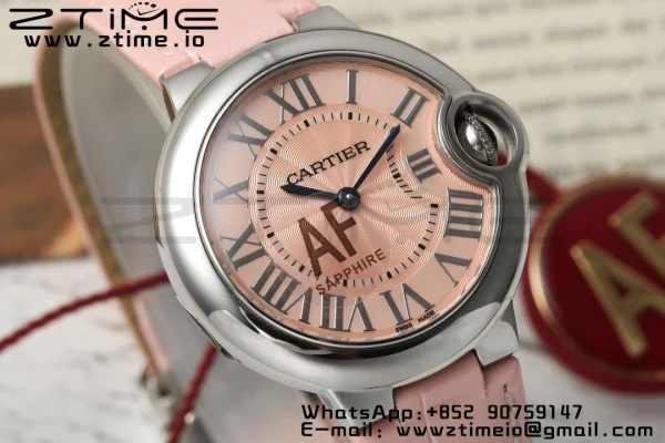 Cartier Ballon Bleu WSBB0033 33mm SS AF 1:1 Best Edition Pink Textured Dial on Pink Leather Strap Ronda Quartz - Super Clone Watch | 1:1 Best Version