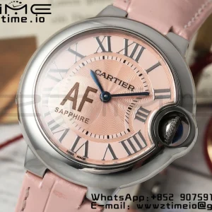 Cartier Ballon Bleu WSBB0033 33mm SS AF 1:1 Best Edition Pink Textured Dial on Pink Leather Strap Ronda Quartz - Super Clone Watch | 1:1 Best Version
