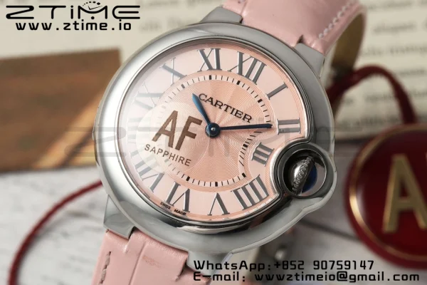 Cartier Ballon Bleu WSBB0033 33mm SS AF 1:1 Best Edition Pink Textured Dial on Pink Leather Strap Ronda Quartz - Super Clone Watch | 1:1 Best Version