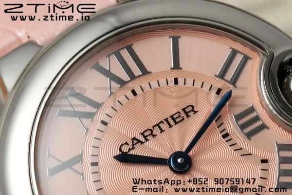 Cartier Ballon Bleu WSBB0033 33mm SS AF 1:1 Best Edition Pink Textured Dial on Pink Leather Strap Ronda Quartz - Super Clone Watch | 1:1 Best Version