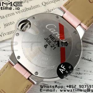 Cartier Ballon Bleu WSBB0033 33mm SS AF 1:1 Best Edition Pink Textured Dial on Pink Leather Strap Ronda Quartz - Super Clone Watch | 1:1 Best Version