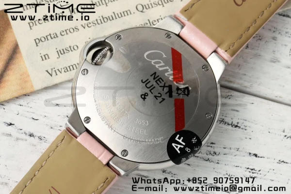 Cartier Ballon Bleu WSBB0033 33mm SS AF 1:1 Best Edition Pink Textured Dial on Pink Leather Strap Ronda Quartz - Super Clone Watch | 1:1 Best Version