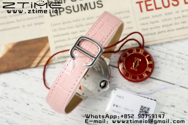 Cartier Ballon Bleu WSBB0033 33mm SS AF 1:1 Best Edition Pink Textured Dial on Pink Leather Strap Ronda Quartz - Super Clone Watch | 1:1 Best Version