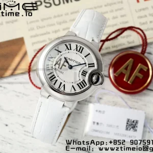 Cartier Ballon Bleu 33mm SS AF 1:1 Best Edition White Textured Dial on White Leather Strap Ronda Quartz - Super Clone Watch | 1:1 Best Version