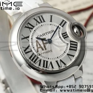 Cartier Ballon Bleu 33mm SS AF 1:1 Best Edition Cadran alb texturat pe curea din piele albă Ronda Quartz - Super Clone Watch | 1:1 Best Version