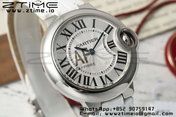 Cartier Ballon Bleu 33mm SS AF 1:1 Best Edition Cadran alb texturat pe curea din piele albă Ronda Quartz - Super Clone Watch | 1:1 Best Version