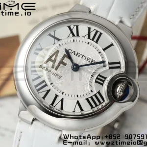 Cartier Ballon Bleu 33mm SS AF 1:1 Best Edition Cadran alb texturat pe curea din piele albă Ronda Quartz - Super Clone Watch | 1:1 Best Version