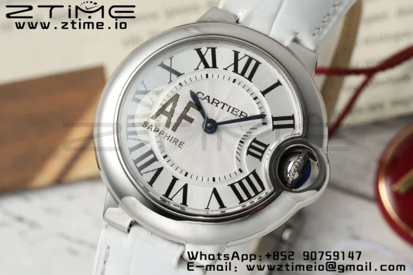 Cartier Ballon Bleu 33mm SS AF 1:1 Best Edition Cadran alb texturat pe curea din piele albă Ronda Quartz - Super Clone Watch | 1:1 Best Version