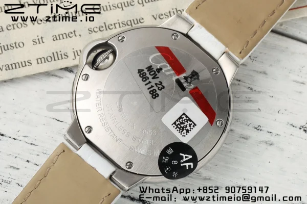 Cartier Ballon Bleu 33mm SS AF 1:1 Best Edition Cadran alb texturat pe curea din piele albă Ronda Quartz - Super Clone Watch | 1:1 Best Version