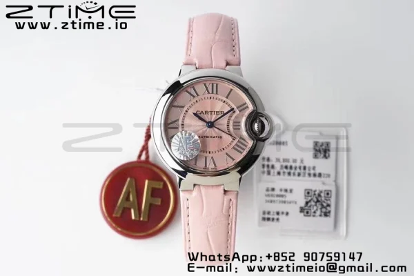 Cartier Ballon Bleu WSBB0002 33mm SS AF 1:1 Best Edition Ροζ καντράν σε ροζ δερμάτινο λουράκι SEIKO NH05A - Super Clone Watch | 1:1 Best Version