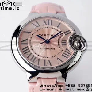 Cartier Ballon Bleu WSBB0002 33mm SS AF 1:1 Best Edition Ροζ καντράν σε ροζ δερμάτινο λουράκι SEIKO NH05A - Super Clone Watch | 1:1 Best Version