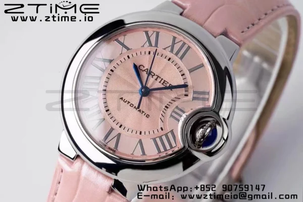 Cartier Ballon Bleu WSBB0002 33mm SS AF 1:1 Best Edition Ροζ καντράν σε ροζ δερμάτινο λουράκι SEIKO NH05A - Super Clone Watch | 1:1 Best Version