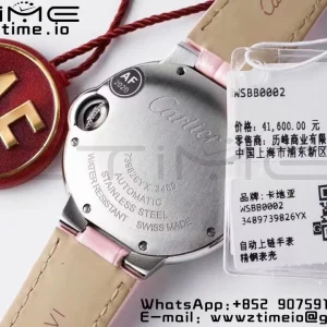 Cartier Ballon Bleu WSBB0002 33mm SS AF 1:1 Best Edition Ροζ καντράν σε ροζ δερμάτινο λουράκι SEIKO NH05A - Super Clone Watch | 1:1 Best Version
