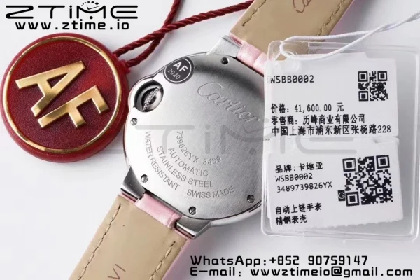Cartier Ballon Bleu WSBB0002 33mm SS AF 1:1 Best Edition Ροζ καντράν σε ροζ δερμάτινο λουράκι SEIKO NH05A - Super Clone Watch | 1:1 Best Version