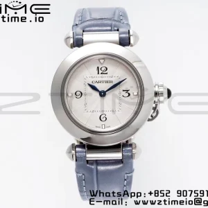 Cartier Pasha 30mm SS AF 1:1 Best Edition White Textured Dial on Blue Leather Strap Jaq Quartz - Super Clone Watch | 1:1 Best Version