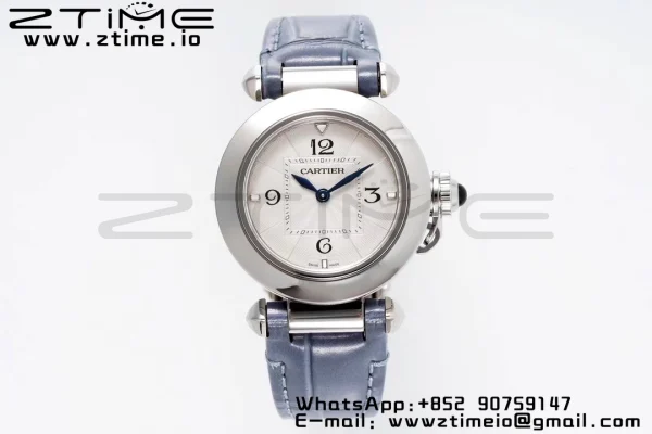 Cartier Pasha 30mm SS AF 1:1 Best Edition Quadrante bianco testurizzato su cinturino in pelle blu Jaq Quartz - Orologio super clone | 1:1 Best Version