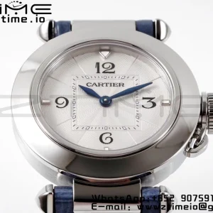 Cartier Pasha 30mm SS AF 1:1 Best Edition Quadrante bianco testurizzato su cinturino in pelle blu Jaq Quartz - Orologio super clone | 1:1 Best Version