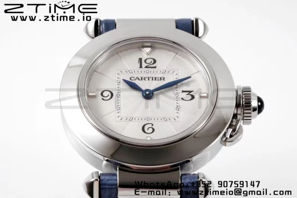 Cartier Pasha 30mm SS AF 1:1 Best Edition Quadrante bianco testurizzato su cinturino in pelle blu Jaq Quartz - Orologio super clone | 1:1 Best Version