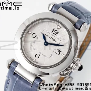 Cartier Pasha 30mm SS AF 1:1 Best Edition Quadrante bianco testurizzato su cinturino in pelle blu Jaq Quartz - Orologio super clone | 1:1 Best Version