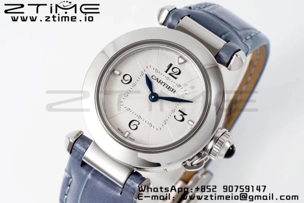 Cartier Pasha 30mm SS AF 1:1 Best Edition Quadrante bianco testurizzato su cinturino in pelle blu Jaq Quartz - Orologio super clone | 1:1 Best Version