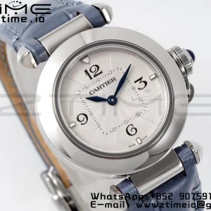 Cartier Pasha 30mm SS AF 1:1 Best Edition Quadrante bianco testurizzato su cinturino in pelle blu Jaq Quartz - Orologio super clone | 1:1 Best Version