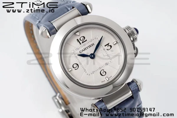 Cartier Pasha 30mm SS AF 1:1 Best Edition Quadrante bianco testurizzato su cinturino in pelle blu Jaq Quartz - Orologio super clone | 1:1 Best Version