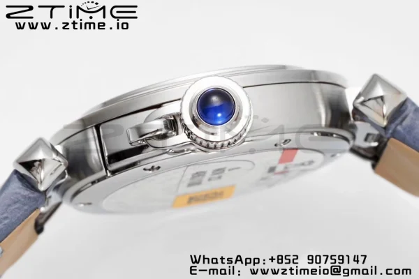 Cartier Pasha 30mm SS AF 1:1 Best Edition Quadrante bianco testurizzato su cinturino in pelle blu Jaq Quartz - Orologio super clone | 1:1 Best Version