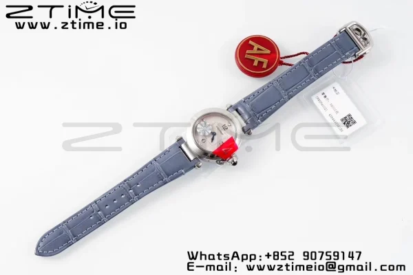 Cartier Pasha 30mm SS AF 1:1 Best Edition Quadrante bianco testurizzato su cinturino in pelle blu Jaq Quartz - Orologio super clone | 1:1 Best Version