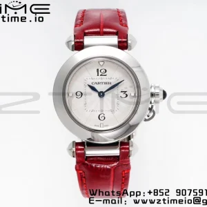 Cartier Pasha 30mm SS AF 1:1 Best Edition White Textured Dial on Deep Red Leather Strap Jaq Quartz - Super Clone Watch | 1:1 Best Version