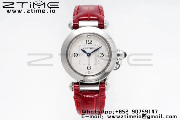 Cartier Pasha 30mm SS AF 1:1 Best Edition Quadrante bianco testurizzato su cinturino in pelle rossa profonda Jaq Quartz - Orologio super clone | 1:1 Best Version