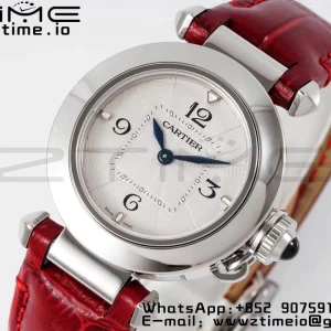 Cartier Pasha 30mm SS AF 1:1 Best Edition Quadrante bianco testurizzato su cinturino in pelle rossa profonda Jaq Quartz - Orologio super clone | 1:1 Best Version
