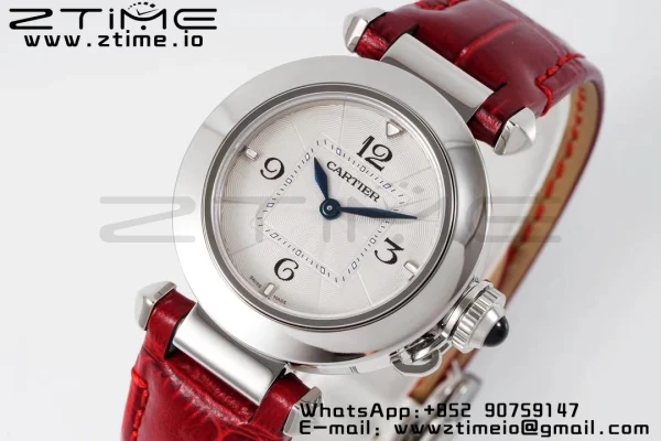 Cartier Pasha 30mm SS AF 1:1 Best Edition Quadrante bianco testurizzato su cinturino in pelle rossa profonda Jaq Quartz - Orologio super clone | 1:1 Best Version