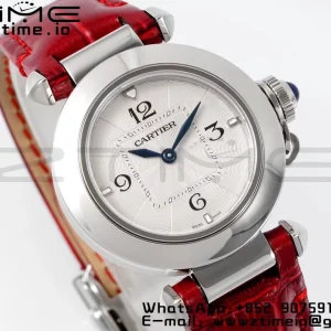 Cartier Pasha 30mm SS AF 1:1 Best Edition Quadrante bianco testurizzato su cinturino in pelle rossa profonda Jaq Quartz - Orologio super clone | 1:1 Best Version