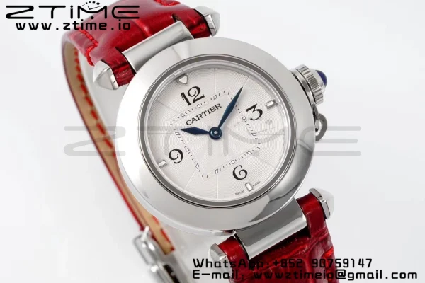 Cartier Pasha 30mm SS AF 1:1 Best Edition Quadrante bianco testurizzato su cinturino in pelle rossa profonda Jaq Quartz - Orologio super clone | 1:1 Best Version