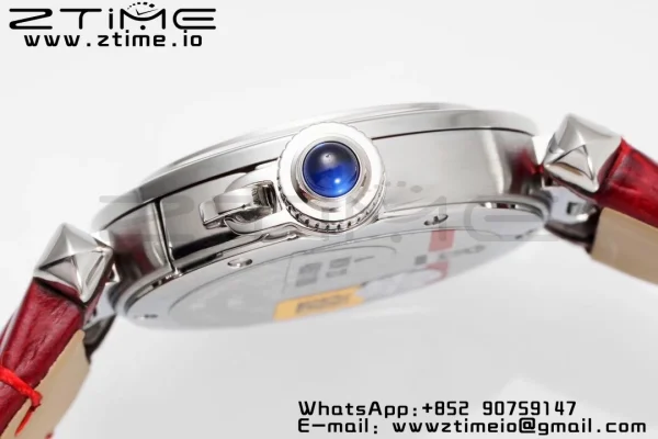 Cartier Pasha 30mm SS AF 1:1 Best Edition Quadrante bianco testurizzato su cinturino in pelle rossa profonda Jaq Quartz - Orologio super clone | 1:1 Best Version