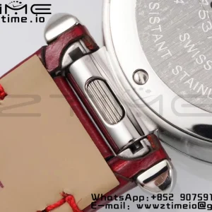 Cartier Pasha 30mm SS AF 1:1 Best Edition Quadrante bianco testurizzato su cinturino in pelle rossa profonda Jaq Quartz - Orologio super clone | 1:1 Best Version
