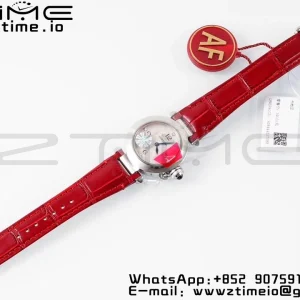 Cartier Pasha 30mm SS AF 1:1 Best Edition Quadrante bianco testurizzato su cinturino in pelle rossa profonda Jaq Quartz - Orologio super clone | 1:1 Best Version