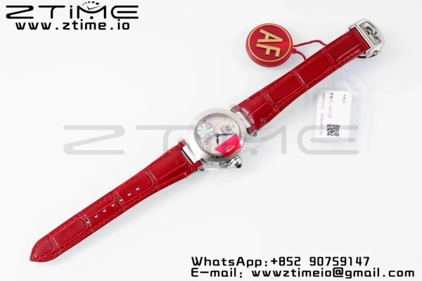 Cartier Pasha 30mm SS AF 1:1 Best Edition Quadrante bianco testurizzato su cinturino in pelle rossa profonda Jaq Quartz - Orologio super clone | 1:1 Best Version