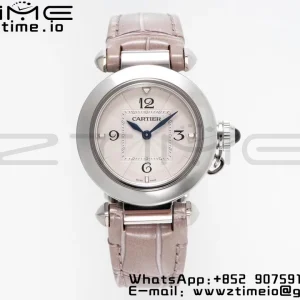 Cartier Cartier Pasha 30mm SS AF 1:1 Best Edition White Textured Dial on Gray Leather Strap Jaq Quartz - Super Clone Watch | 1:1 Best Version