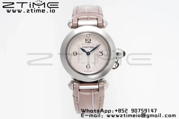Cartier Cartier Pasha 30mm SS AF 1:1 Best Edition White Textured Dial on Gray Leather Strap Jaq Quartz - Super Clone Watch | 1:1 Best Version