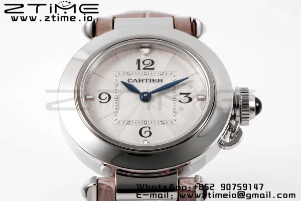 Cartier Cartier Pasha 30mm SS AF 1:1 Best Edition White Textured Dial on Gray Leather Strap Jaq Quartz - Super Clone Watch | 1:1 Best Version
