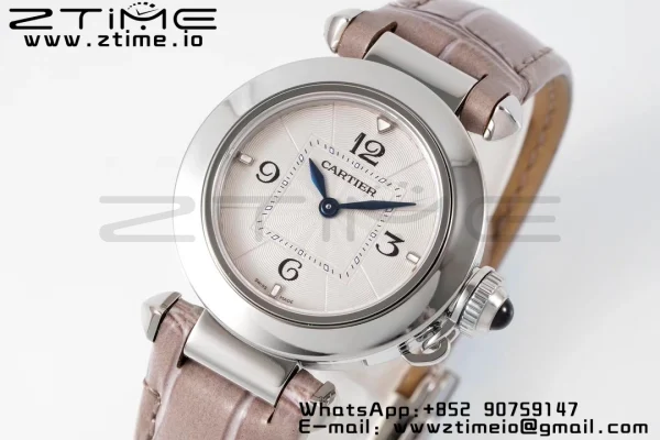 Cartier Cartier Pasha 30mm SS AF 1:1 Best Edition White Textured Dial on Gray Leather Strap Jaq Quartz - Super Clone Watch | 1:1 Best Version