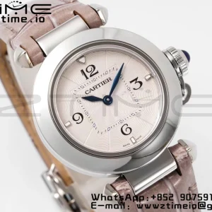 Cartier Cartier Pasha 30mm SS AF 1:1 Best Edition White Textured Dial on Gray Leather Strap Jaq Quartz - Super Clone Watch | 1:1 Best Version