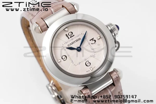 Cartier Cartier Pasha 30mm SS AF 1:1 Best Edition White Textured Dial on Gray Leather Strap Jaq Quartz - Super Clone Watch | 1:1 Best Version